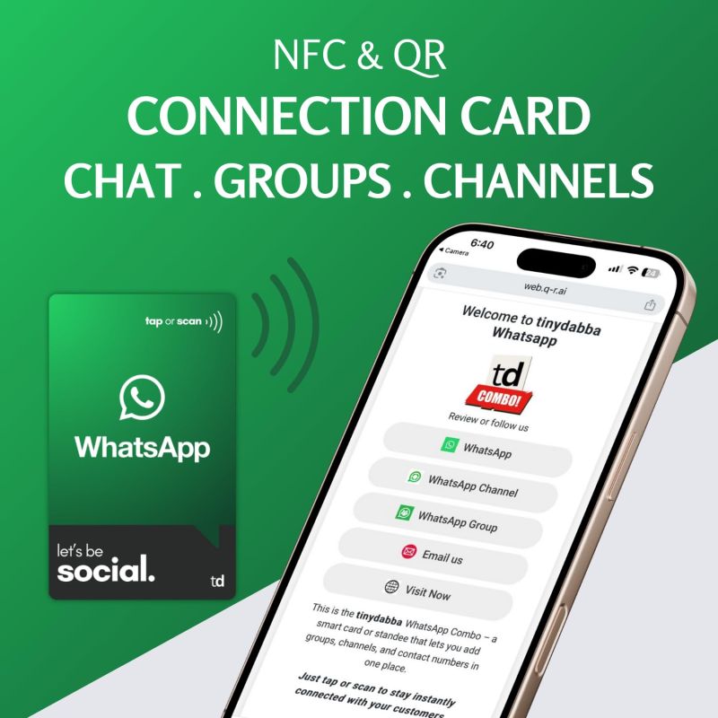Information graphic from the Amazon listing for tinydabba WhatsApp NFC Business Card