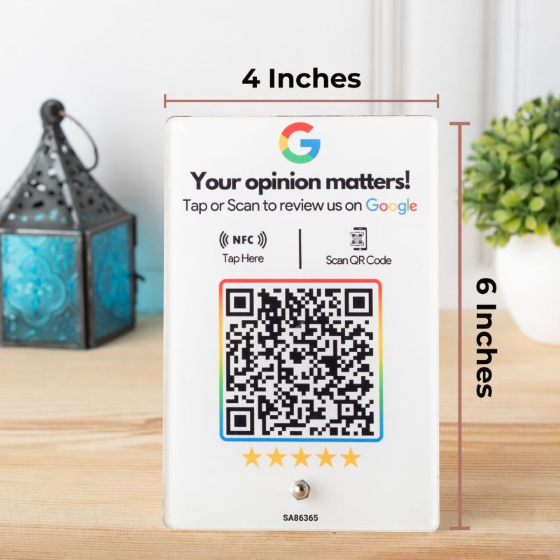 Information graphic from the Amazon listing for tinydabba Review NFC Standee with QR Code