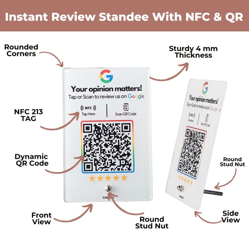 Information graphic from the Amazon listing for tinydabba Review NFC Standee with QR Code