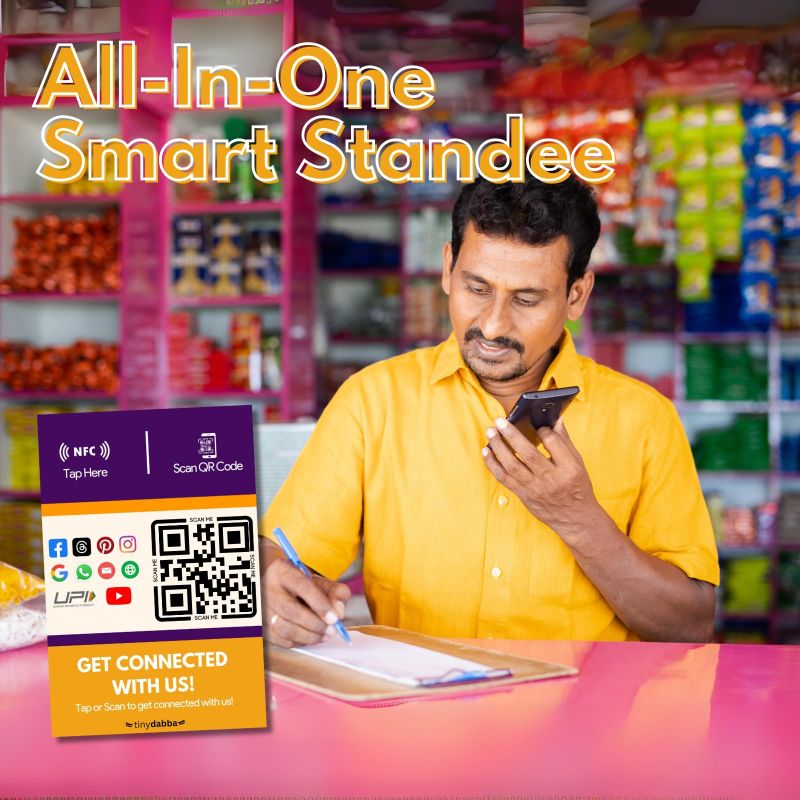 Information graphic from the Amazon listing for tinydabba NFC Standee for Review, Facebook, Instagram, X, WhatsApp, CRM, YouTube, E-Mail & Website