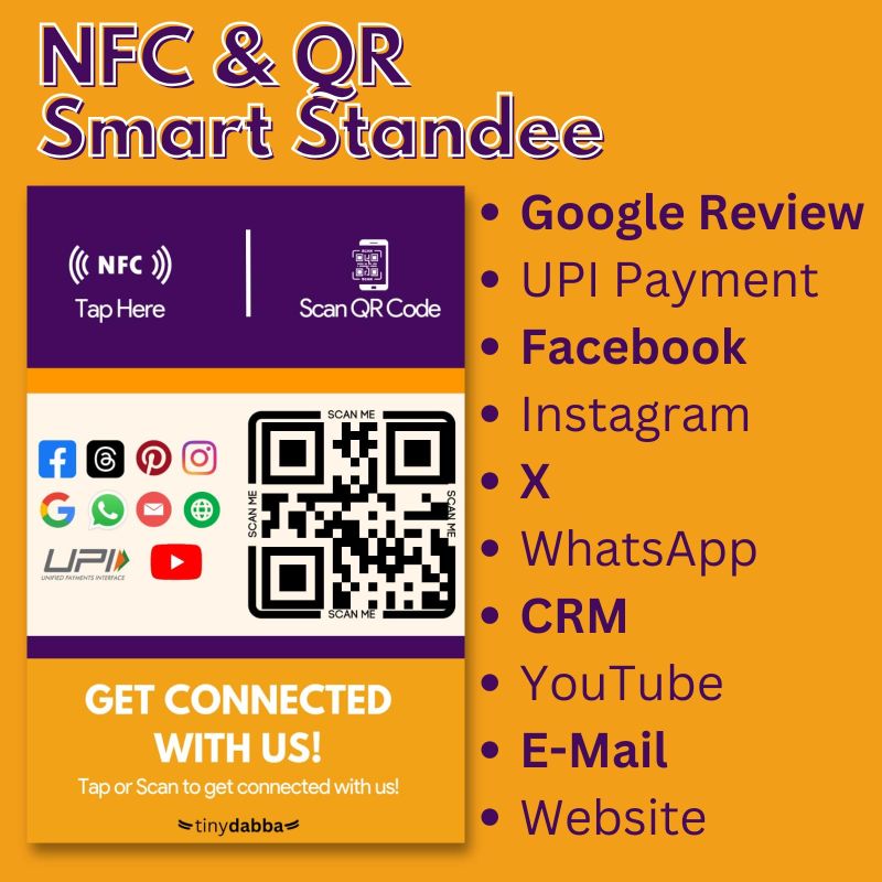 Information graphic from the Amazon listing for tinydabba NFC Standee for Review, Facebook, Instagram, X, WhatsApp, CRM, YouTube, E-Mail & Website