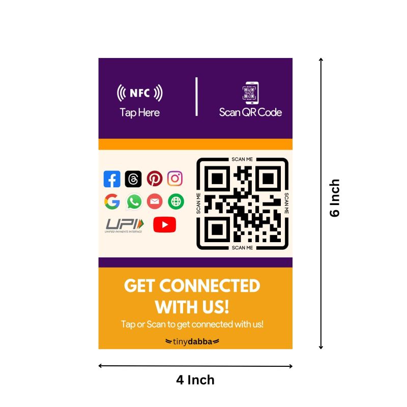 Information graphic from the Amazon listing for tinydabba NFC Standee for Review, Facebook, Instagram, X, WhatsApp, CRM, YouTube, E-Mail & Website