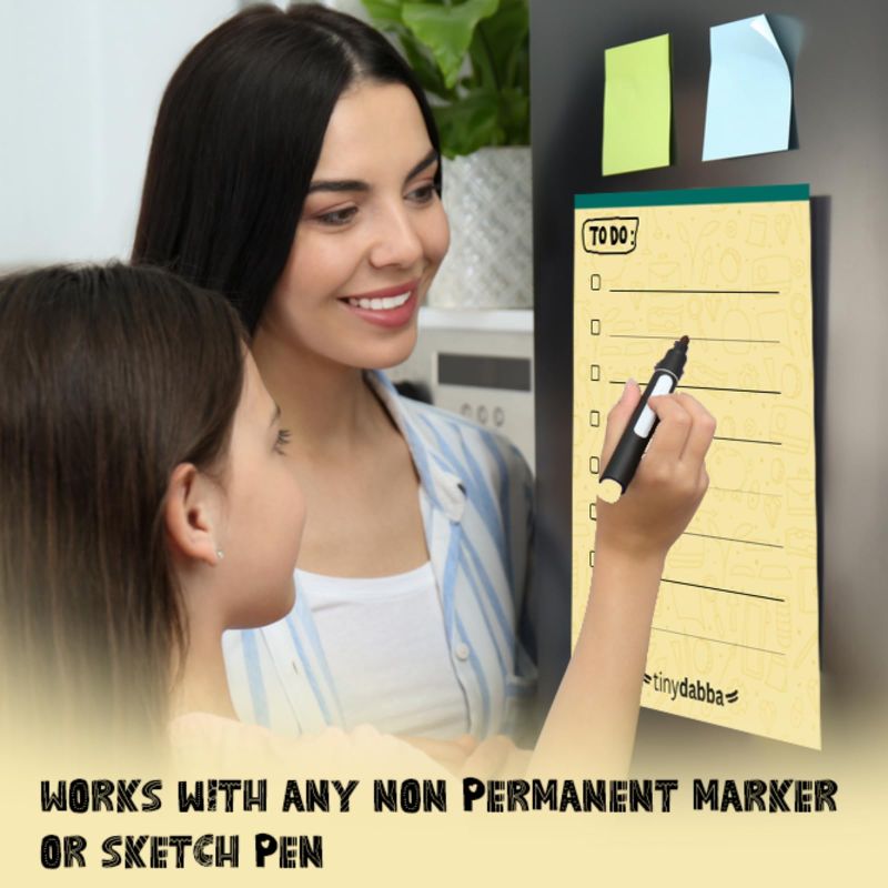 Information graphic from the Amazon listing for Magnetic to do List for Home or Office, Stick on Fridge or Metal Surface, Reusable Dry Erase Surface, Manage to-Do Lists Easily