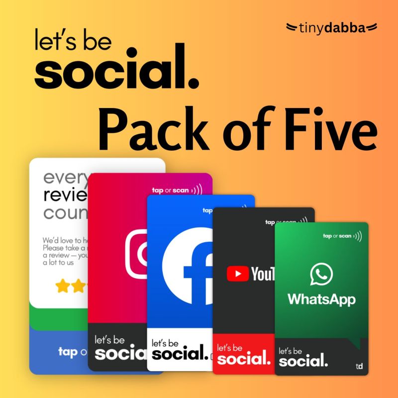 Information graphic from the Amazon listing for Review NFC Card, Pack of 5 cards, Facebook, Whatsapp, Instagram, Youtube