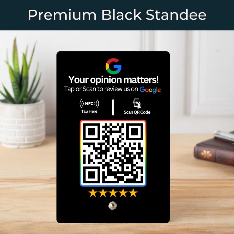 Information graphic from the Amazon listing for tinydabba Review NFC Standee with QR Code