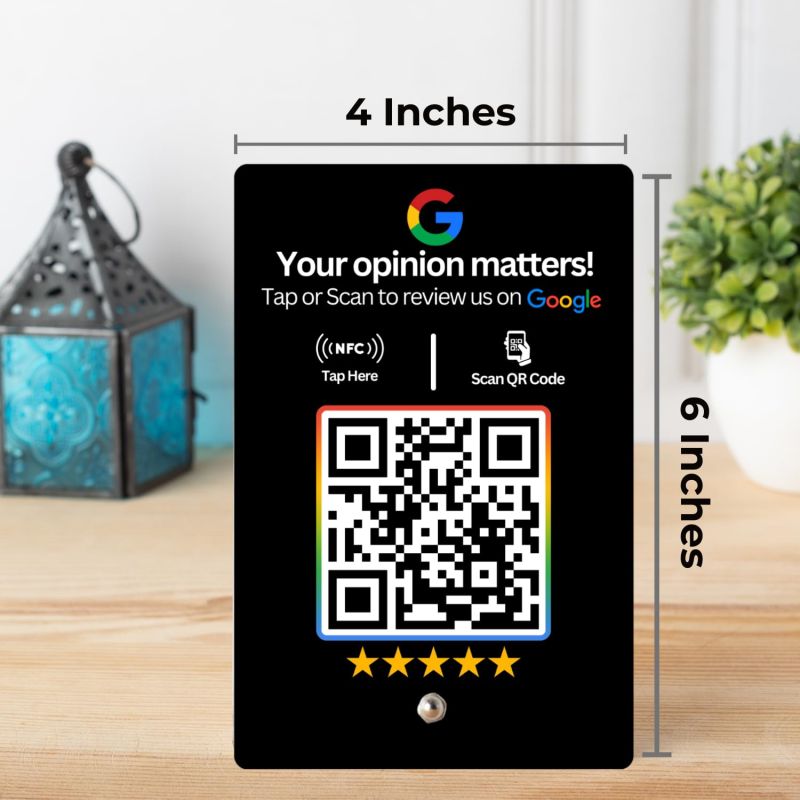Information graphic from the Amazon listing for tinydabba Review NFC Standee with QR Code