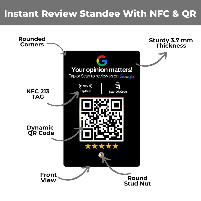 Information graphic from the Amazon listing for tinydabba Review NFC Standee with QR Code