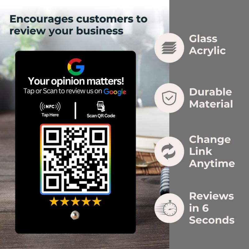 Information graphic from the Amazon listing for tinydabba Review NFC Standee with QR Code