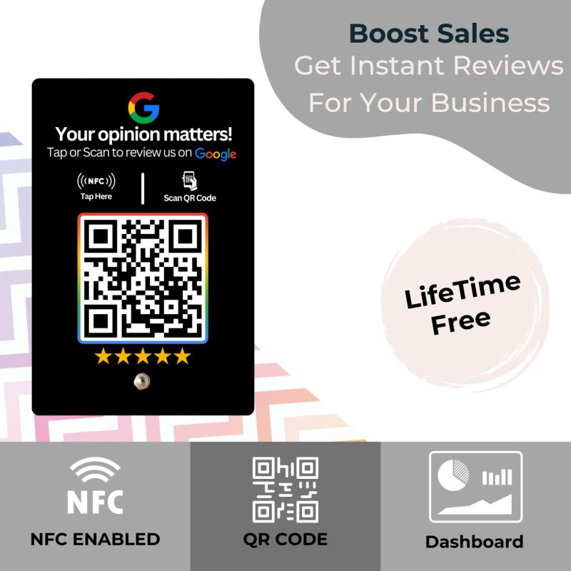 Information graphic from the Amazon listing for tinydabba Review NFC Standee with QR Code