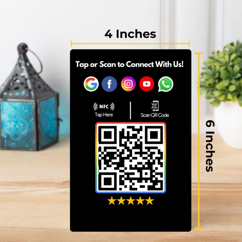 Information graphic from the Amazon listing for tinydabba All In one NFC Standee for Review, Facebook, Instagram, X, WhatsApp, CRM, YouTube, E-Mail & Website