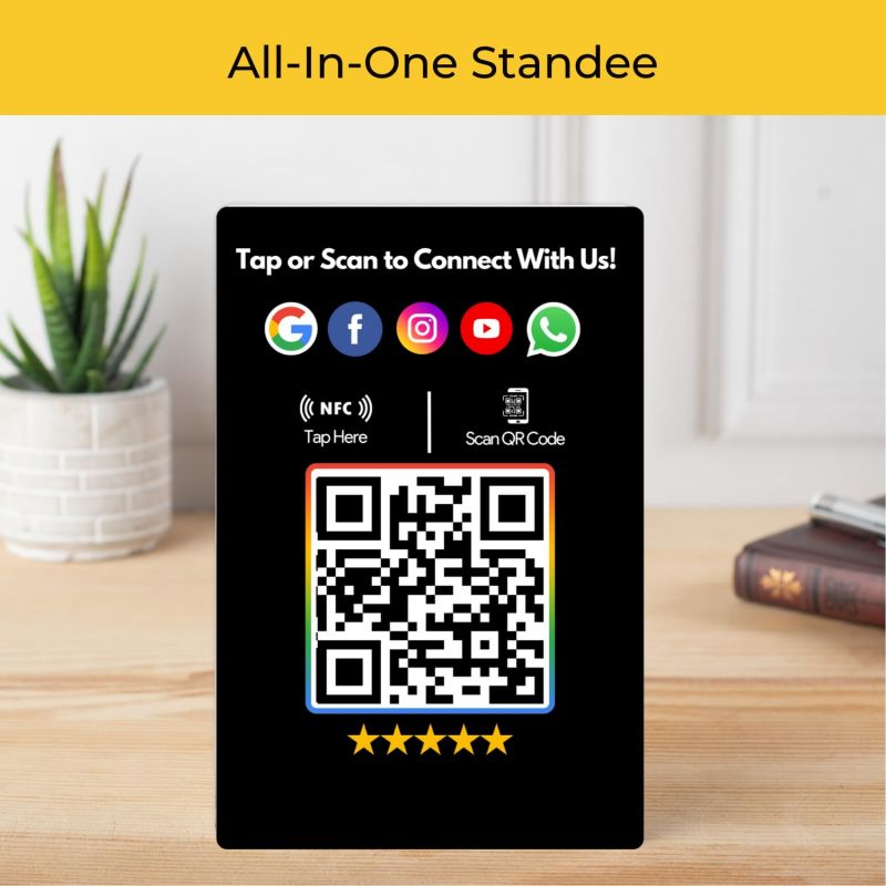 Information graphic from the Amazon listing for tinydabba All In one NFC Standee for Review, Facebook, Instagram, X, WhatsApp, CRM, YouTube, E-Mail & Website