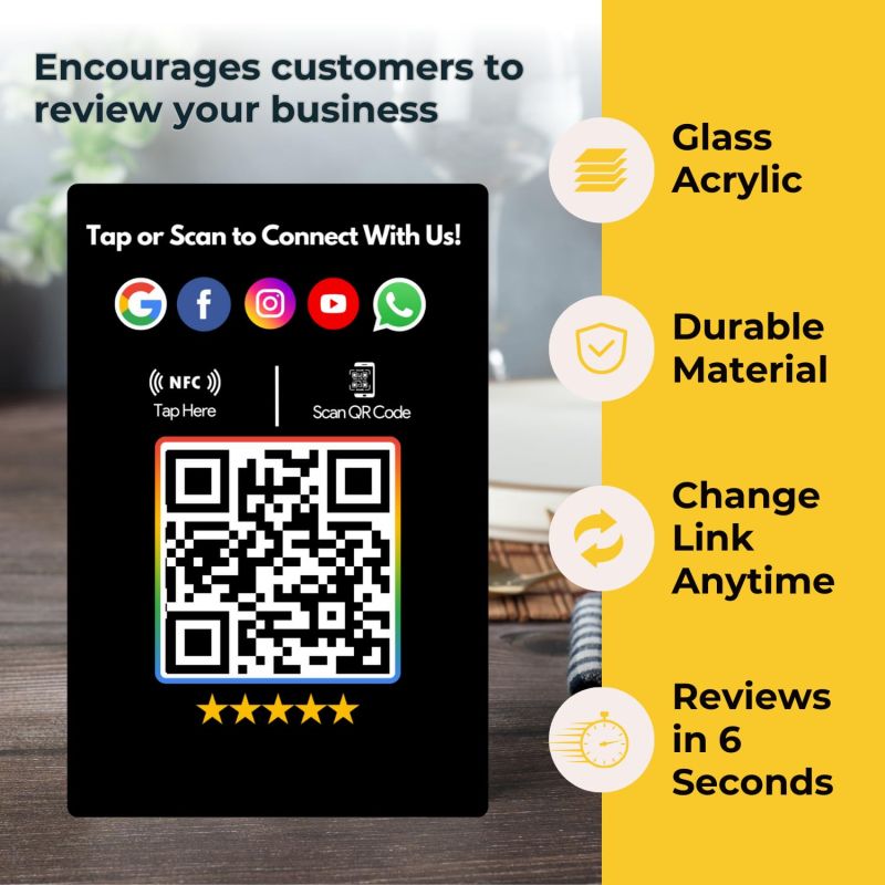 Information graphic from the Amazon listing for tinydabba All In one NFC Standee for Review, Facebook, Instagram, X, WhatsApp, CRM, YouTube, E-Mail & Website