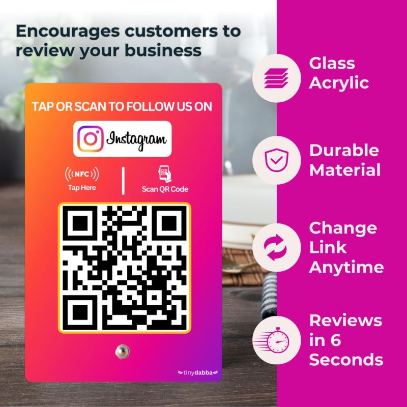 Information graphic from the Amazon listing for tinydabba Instagram Review NFC Standee with QR Code