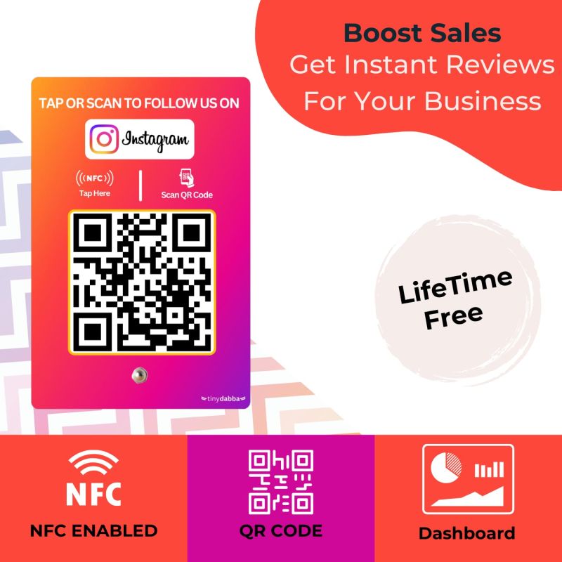 Information graphic from the Amazon listing for tinydabba Instagram Review NFC Standee with QR Code