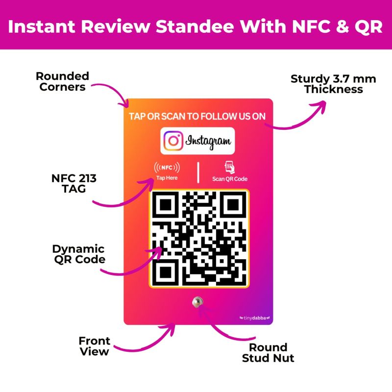 Information graphic from the Amazon listing for tinydabba Instagram Review NFC Standee with QR Code