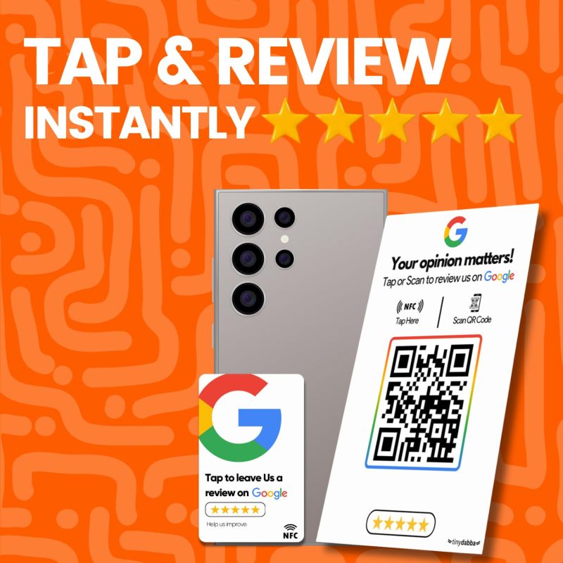 Information graphic from the Amazon listing for tinydabba Review NFC Card and Standee Combo