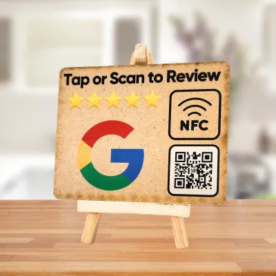 tinydabba Wooden Review NFC Standee with QR Code (With Wooden Stand), from the Amazon listing