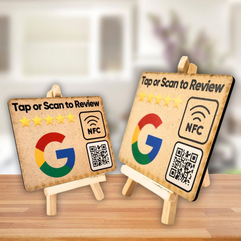 Information graphic from the Amazon listing for tinydabba Wooden Review NFC Standee with QR Code (With Wooden Stand)
