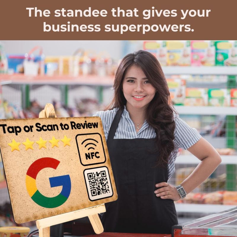 Information graphic from the Amazon listing for tinydabba Wooden Review NFC Standee with QR Code (With Wooden Stand)