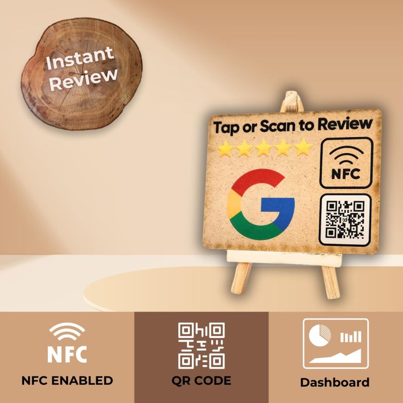 Information graphic from the Amazon listing for tinydabba Wooden Review NFC Standee with QR Code (With Wooden Stand)