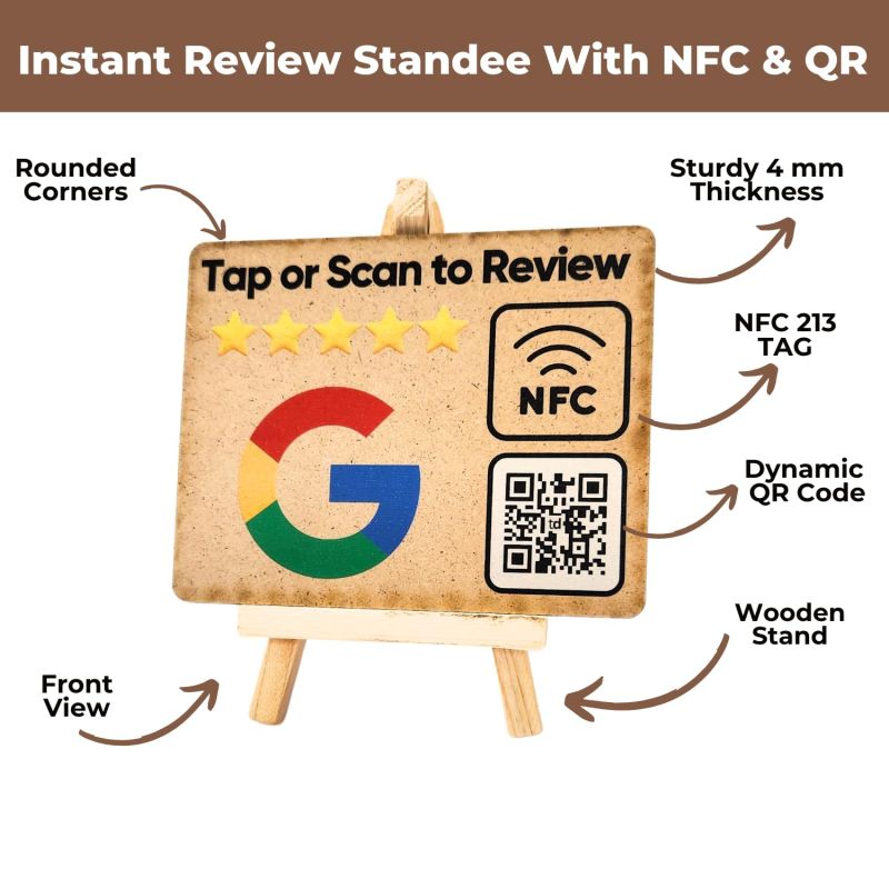 Information graphic from the Amazon listing for tinydabba Wooden Review NFC Standee with QR Code (With Wooden Stand)