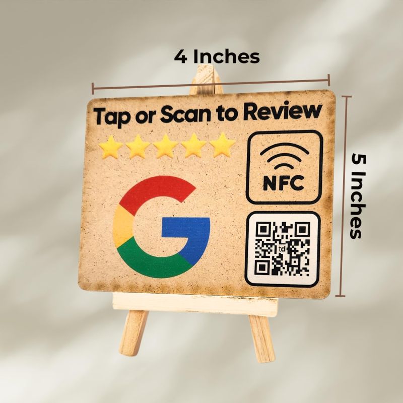 Information graphic from the Amazon listing for tinydabba Wooden Review NFC Standee with QR Code (With Wooden Stand)