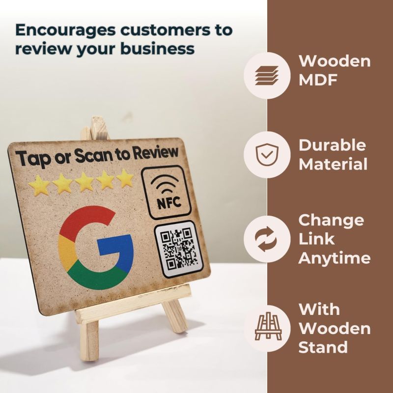 Information graphic from the Amazon listing for tinydabba Wooden Review NFC Standee with QR Code (With Wooden Stand)