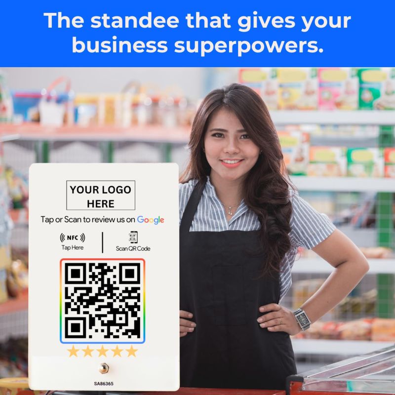 Information graphic from the Amazon listing for tinydabba Custom Review NFC Standee with QR Code