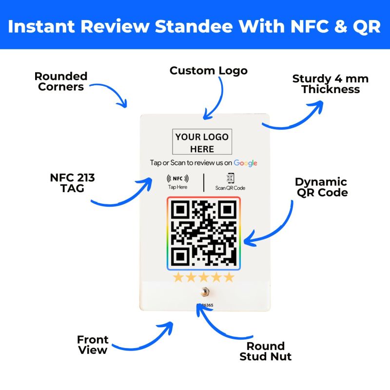 Information graphic from the Amazon listing for tinydabba Custom Review NFC Standee with QR Code