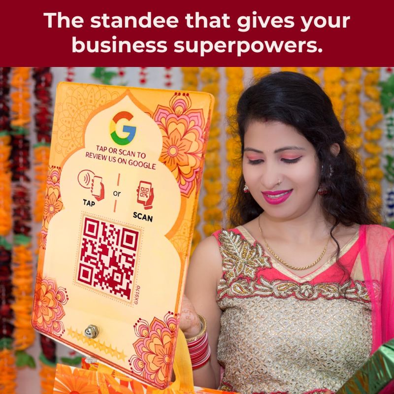 Information graphic from the Amazon listing for tinydabba Diwali Edition Review NFC Standee with QR Code