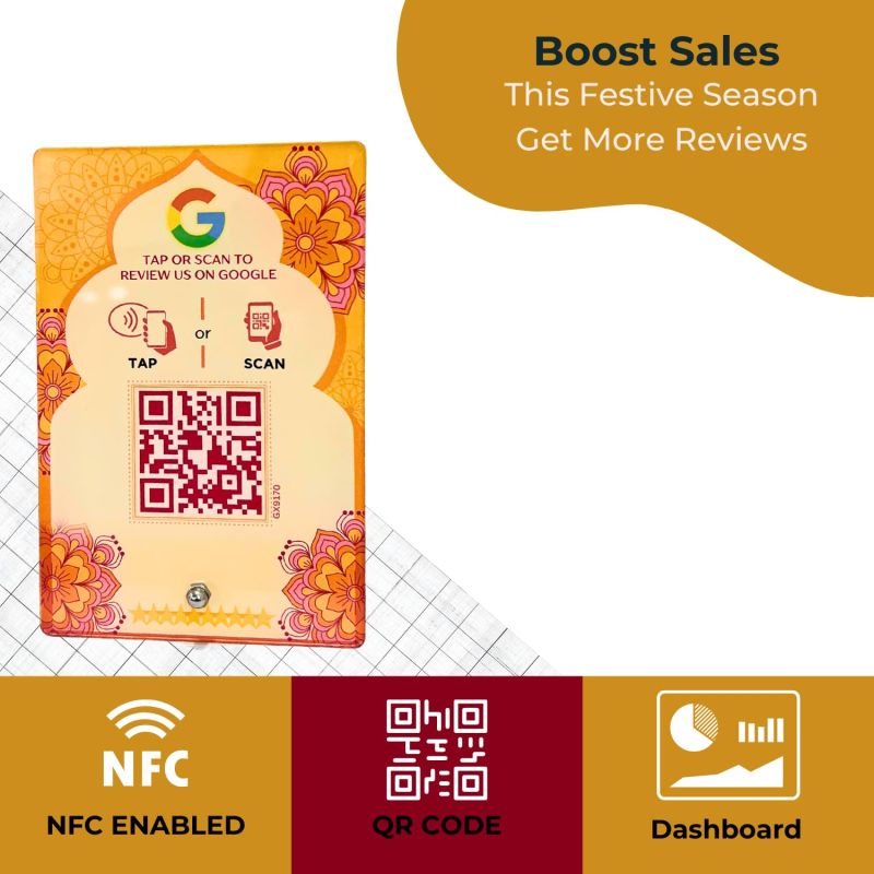 Information graphic from the Amazon listing for tinydabba Diwali Edition Review NFC Standee with QR Code