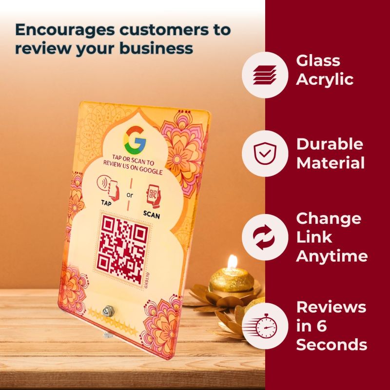Information graphic from the Amazon listing for tinydabba Diwali Edition Review NFC Standee with QR Code