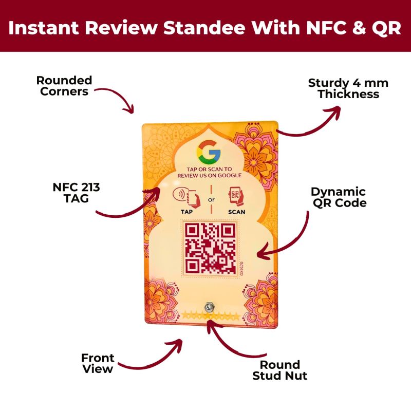 Information graphic from the Amazon listing for tinydabba Diwali Edition Review NFC Standee with QR Code