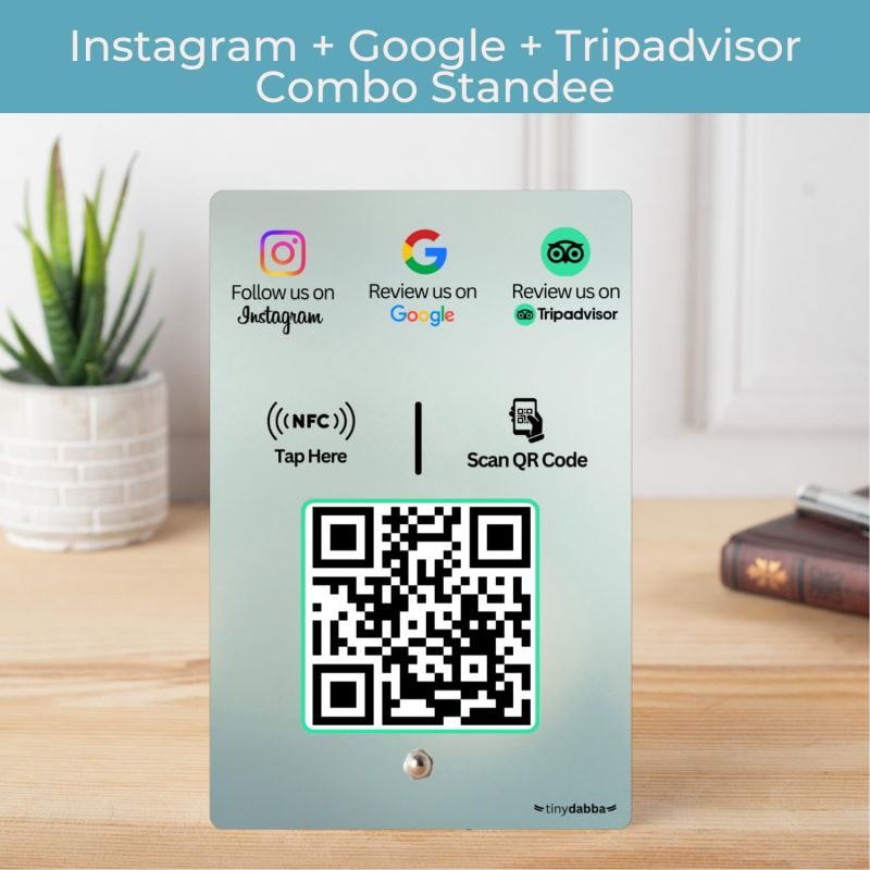 Information graphic from the Amazon listing for tinydabba Instgram + Review + tripadvisor 3-in-1 combo NFC Standee with QR Code