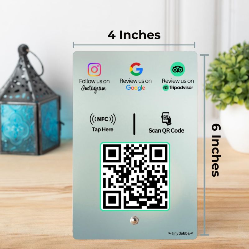 Information graphic from the Amazon listing for tinydabba Instgram + Review + tripadvisor 3-in-1 combo NFC Standee with QR Code