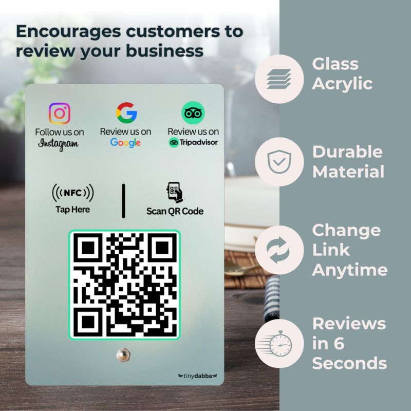 Information graphic from the Amazon listing for tinydabba Instgram + Review + tripadvisor 3-in-1 combo NFC Standee with QR Code