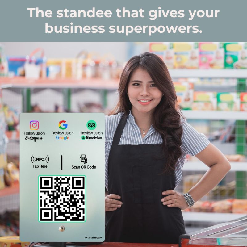 Information graphic from the Amazon listing for tinydabba Instgram + Review + tripadvisor 3-in-1 combo NFC Standee with QR Code