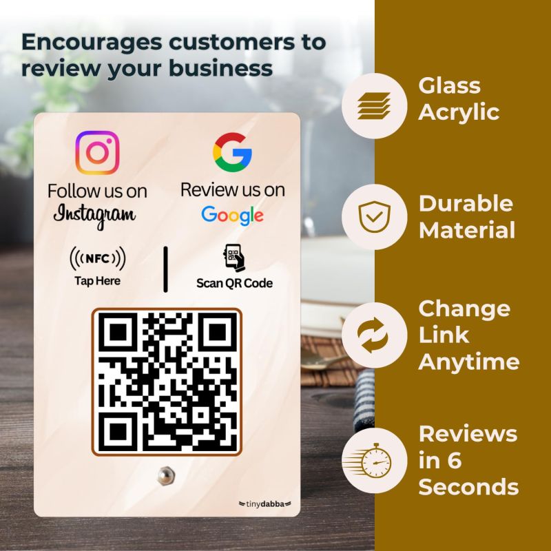 Information graphic from the Amazon listing for tinydabba Review + Instagram 2-in-1 combo NFC Standee with QR Code