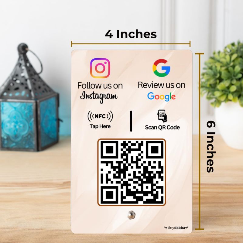 Information graphic from the Amazon listing for tinydabba Review + Instagram 2-in-1 combo NFC Standee with QR Code