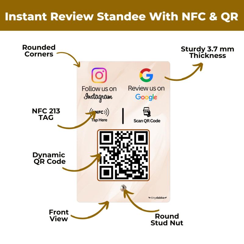 Information graphic from the Amazon listing for tinydabba Review + Instagram 2-in-1 combo NFC Standee with QR Code