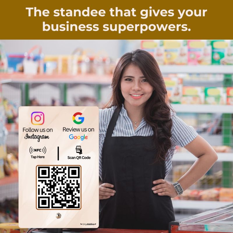 Information graphic from the Amazon listing for tinydabba Review + Instagram 2-in-1 combo NFC Standee with QR Code