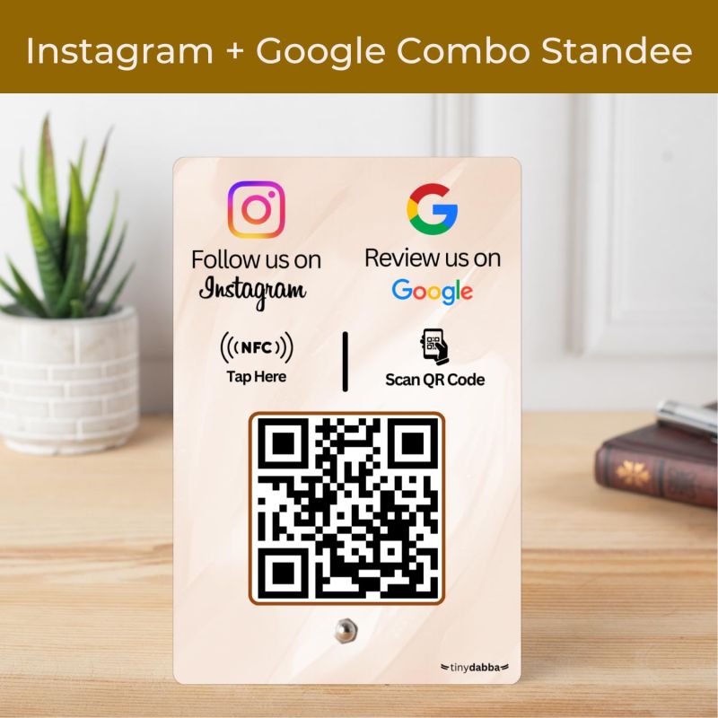 Information graphic from the Amazon listing for tinydabba Review + Instagram 2-in-1 combo NFC Standee with QR Code