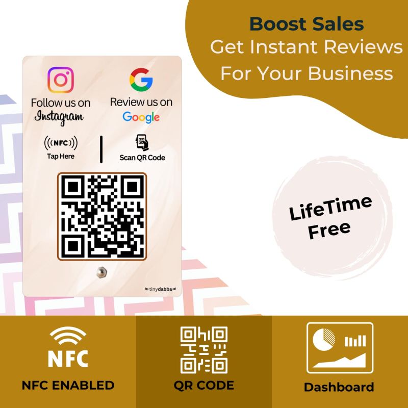 Information graphic from the Amazon listing for tinydabba Review + Instagram 2-in-1 combo NFC Standee with QR Code