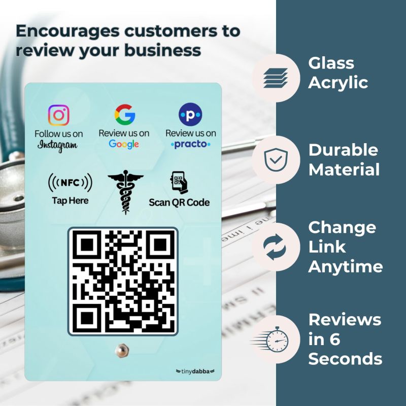 Information graphic from the Amazon listing for tinydabba Practo + Review + Instgram 3-in-1 Doctor combo NFC Standee with QR Code