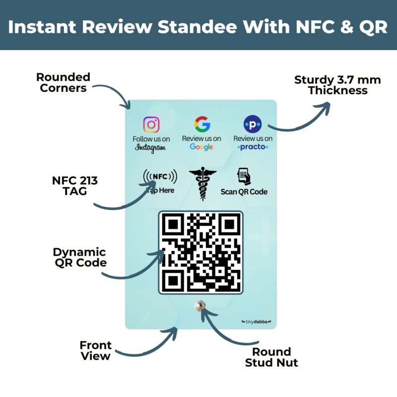 Information graphic from the Amazon listing for tinydabba Practo + Review + Instgram 3-in-1 Doctor combo NFC Standee with QR Code