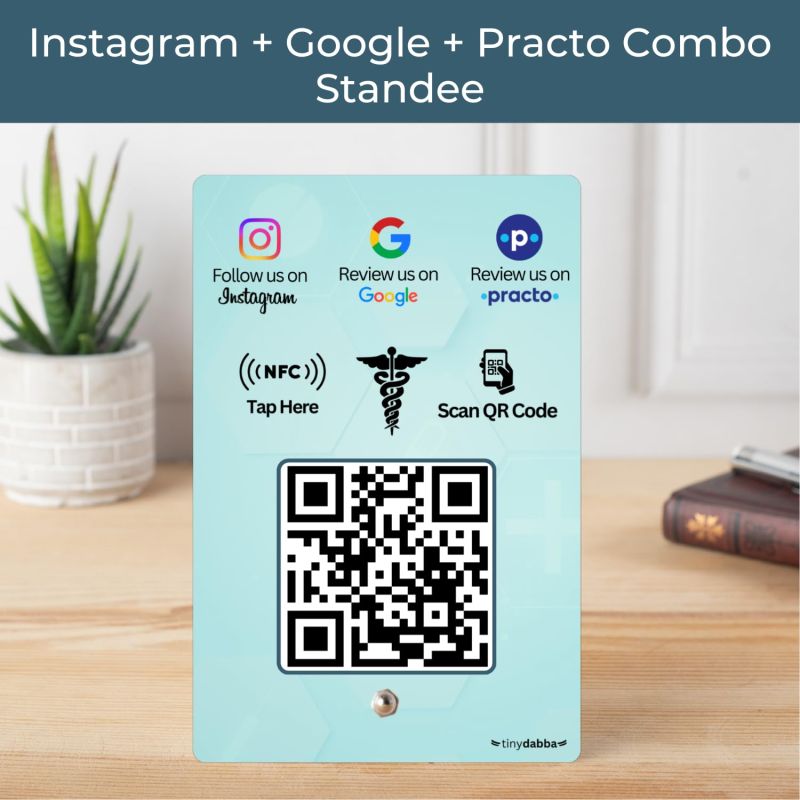 Information graphic from the Amazon listing for tinydabba Practo + Review + Instgram 3-in-1 Doctor combo NFC Standee with QR Code