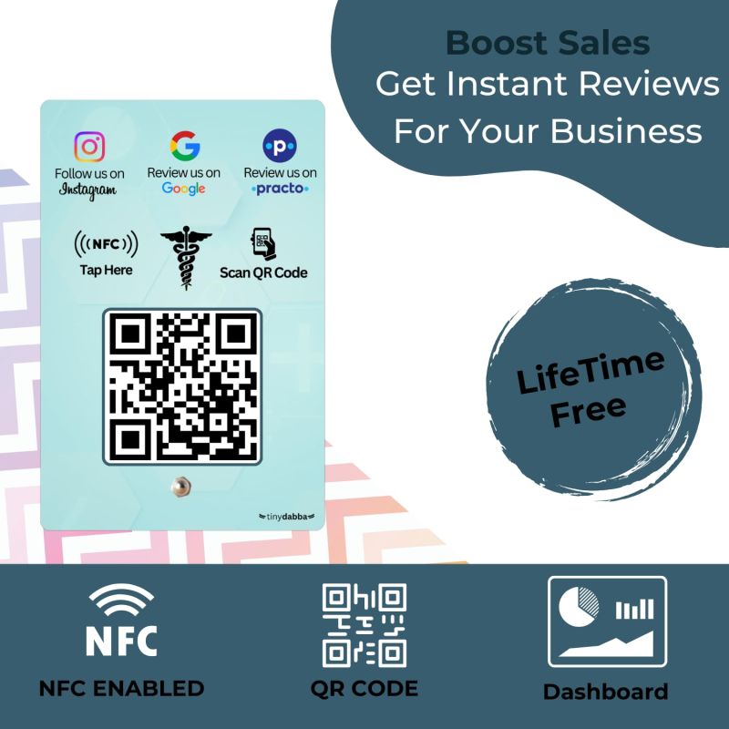 Information graphic from the Amazon listing for tinydabba Practo + Review + Instgram 3-in-1 Doctor combo NFC Standee with QR Code