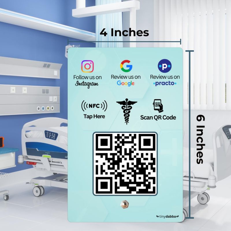 Information graphic from the Amazon listing for tinydabba Practo + Review + Instgram 3-in-1 Doctor combo NFC Standee with QR Code
