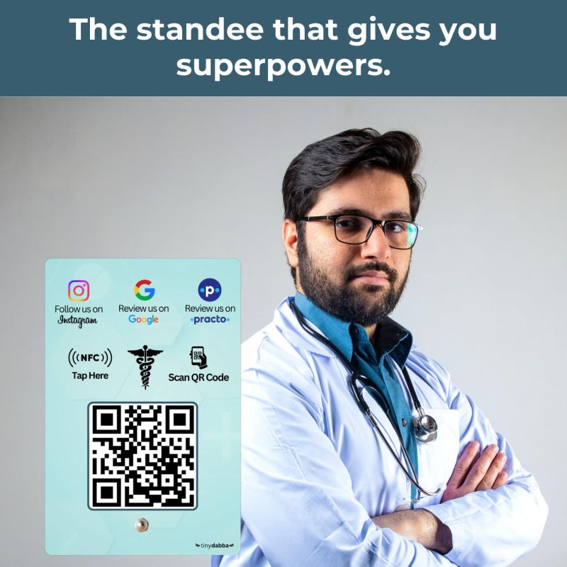 Information graphic from the Amazon listing for tinydabba Practo + Review + Instgram 3-in-1 Doctor combo NFC Standee with QR Code