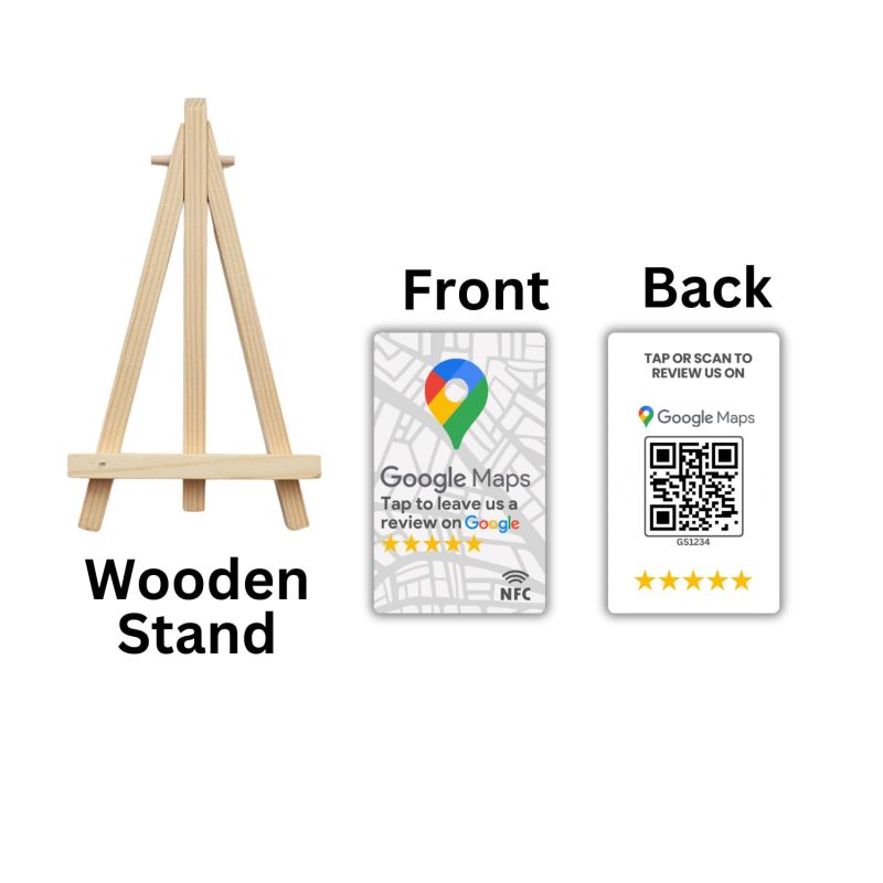 Information graphic from the Amazon listing for tinydabba Review NFC Card Maps Edition With Stand